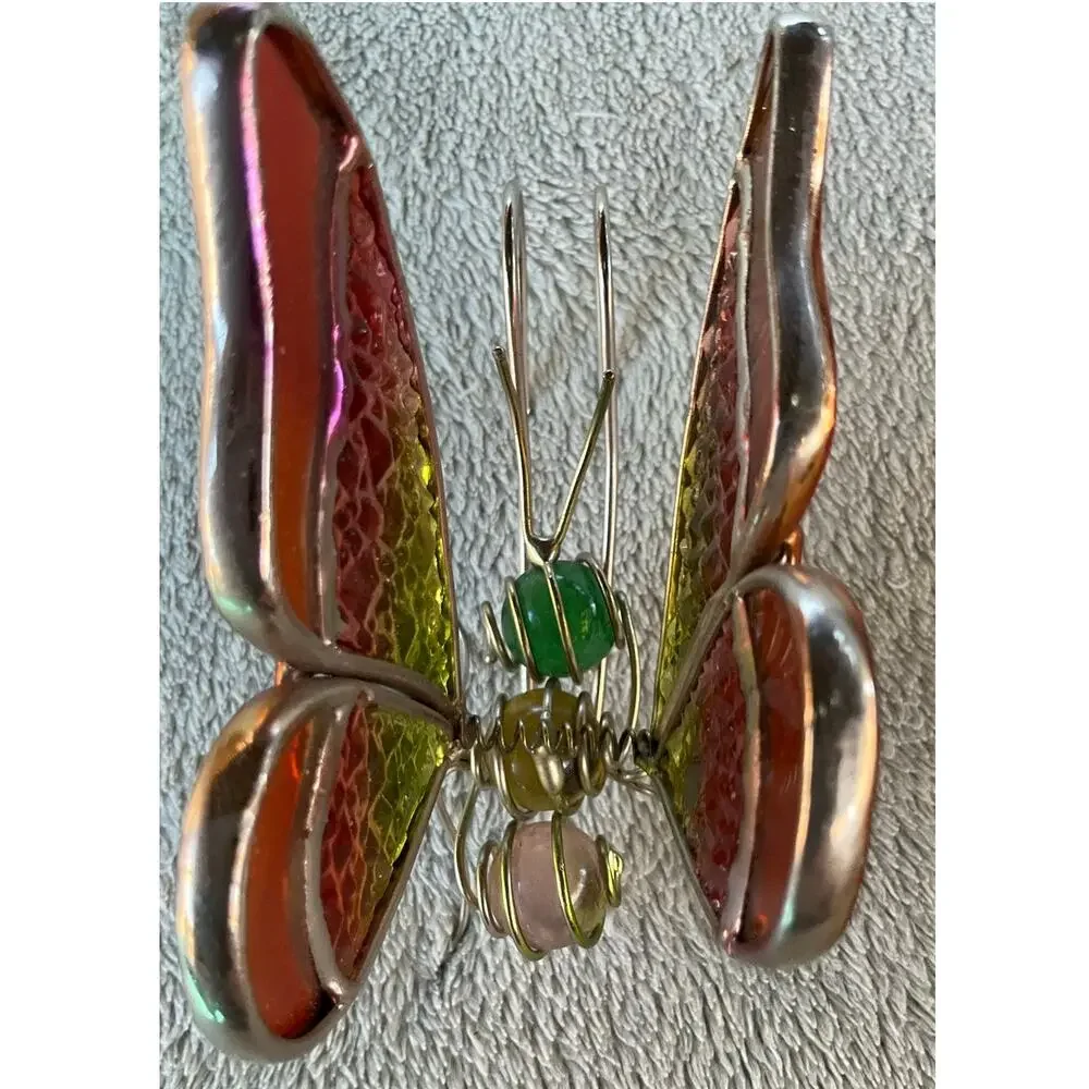 Vintage Multi Color Stained Glass Flower Pot Hanger Butterfly - WINGS MOVE - 4" - Picture 4 of 5